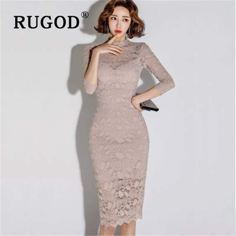 RUGOD женские платья, новинка весны, корейское Тонкое Платье До Колена, кружевное черное сексуальное облегающее платье, модное винтажное женское платье