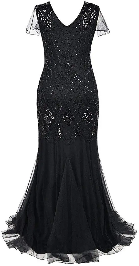 black dress Women 1920s Vintage Flapper Fringe Beaded Gatsby Party Dress with 20s Accessories Set - Цвет: black dress