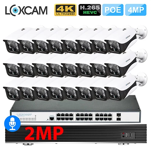 32CH x 24pcs 2MP Cam LOXCAM H.265+ 32CH 4K POE Комплект камер видеонаблюдения 4MP аудио запись Открытый водонепроницаемый безопасности ip-камера видеонаблюдения комплект - Цвет: 32CH x 24pcs 2MP Cam