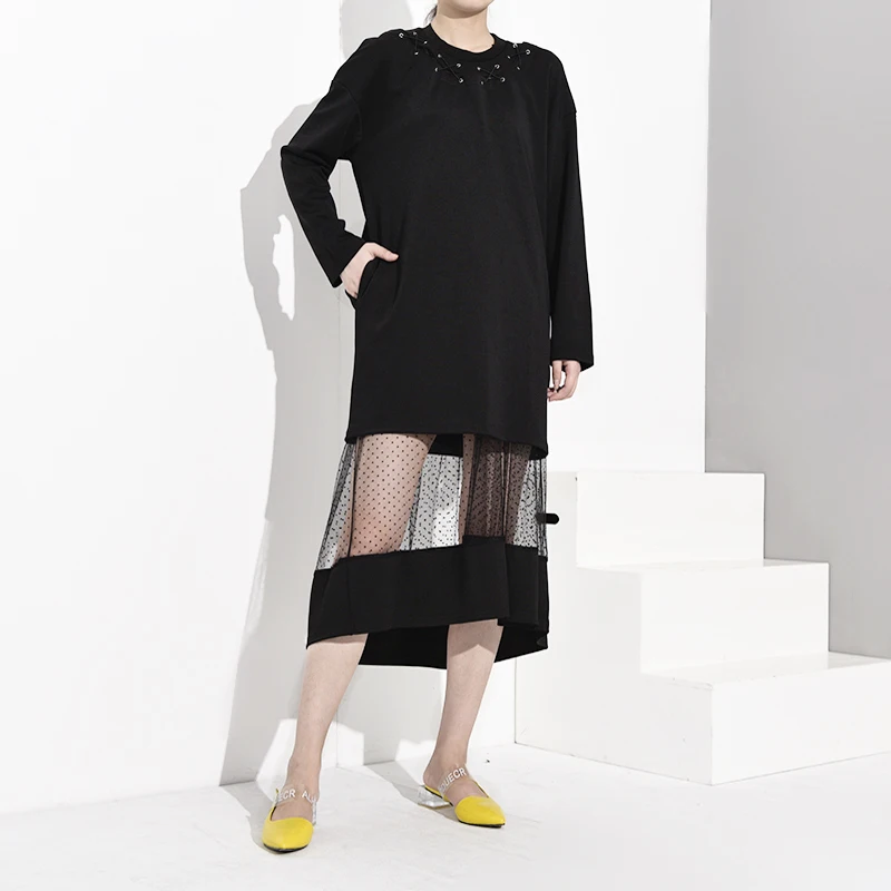 

LANMREM 2019 New Fashion Female's Long Sleeve Shirt Women Hoodies Vestido Round Neck Mesh Patchwork Pullover Dress