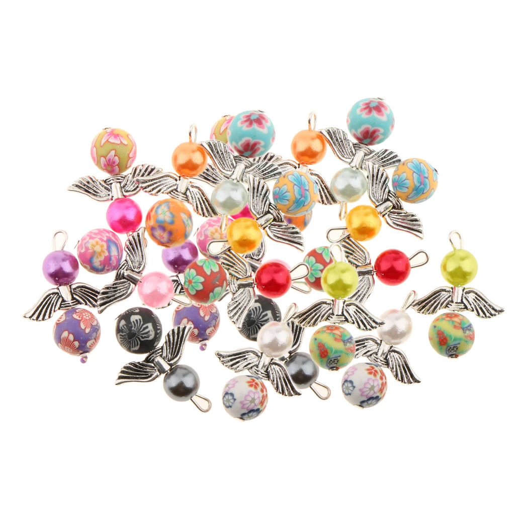 20 Pcs Tibetan silver color Angel Wing Pearl Polymer Clay Beads DIY Dangle Pendants Earrings Bracelets Necklaces Chokers