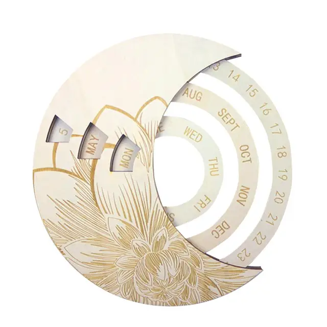 Wooden Round Turntable Calendar Creative Wooden Wall Calendar Wall Hanging Crafts Desktop Decorative Classic Gift white