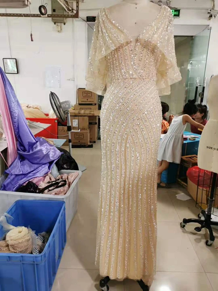 Evening Dresses Sequins Sexy Sweetheart Short Sleeve Floor Length For Women Handmake Beading Arabic Formal Prom Party Gowns