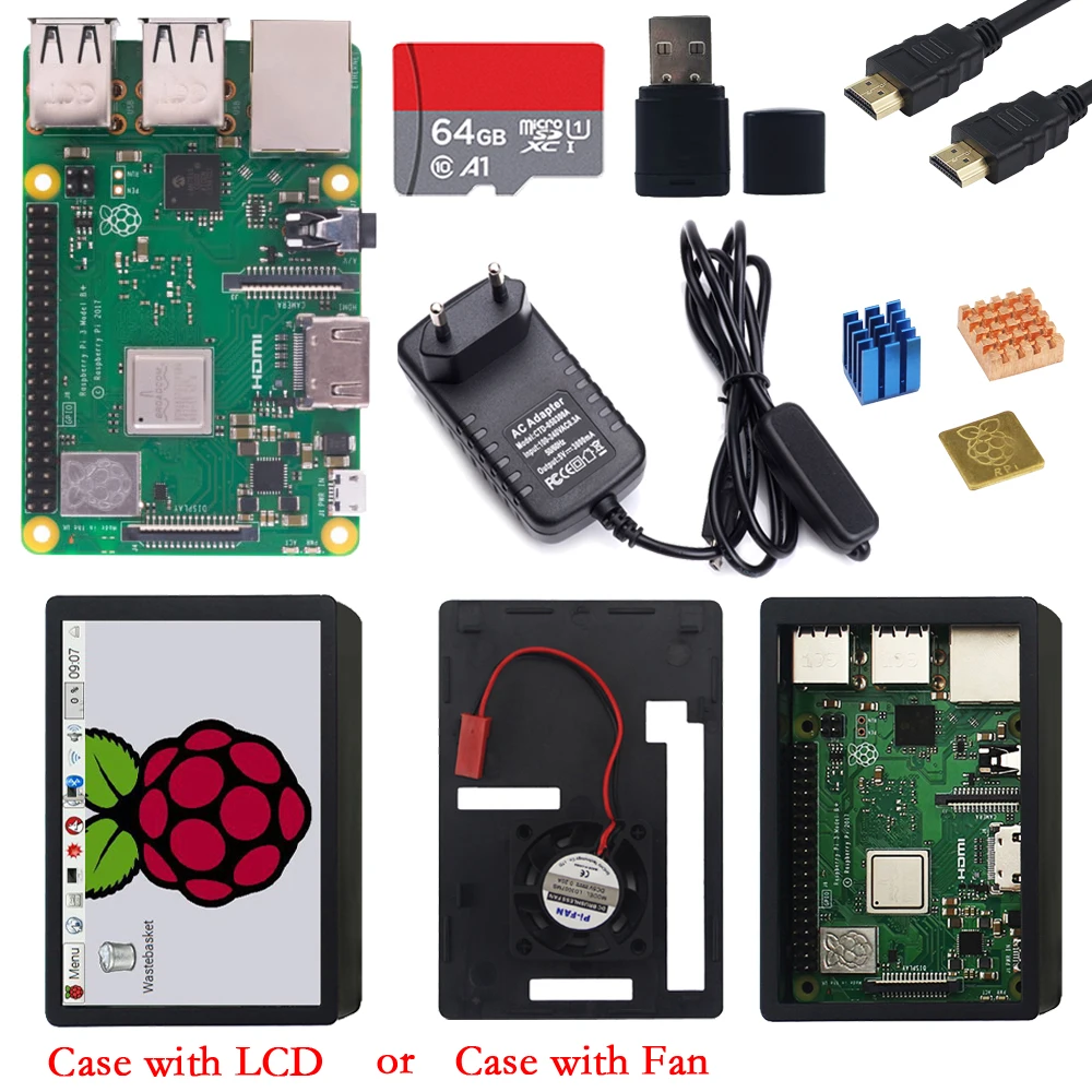 

Raspberry Pi 3 Model B Plus + ABS Case + Fan or 3.5 inch Touch Screen LCD + Power Supply Adapter for Raspberry Pi 3 Model B+ 3B+