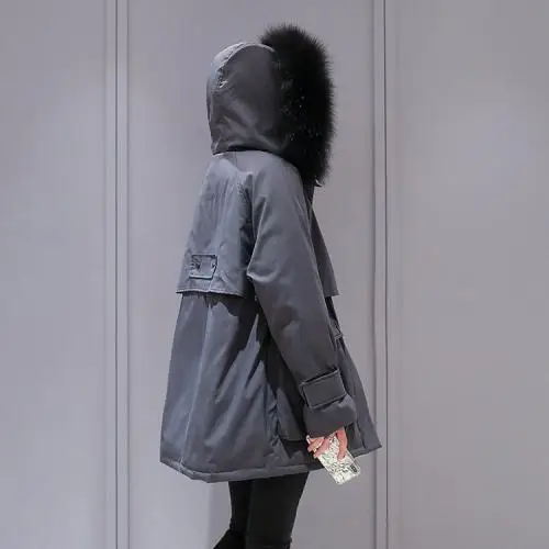 Зимняя пуховая куртка с хлопковой подкладкой размера плюс выше размера d, Женская Толстая теплая длинная парка Mujer, Женское пальто с большим меховым воротником и капюшоном - Цвет: Темно-серый