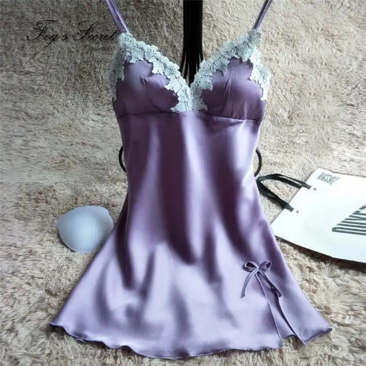 Пижама женская ночная сорочка пеньюар сексуальное мини-платье с подкладом для груди, удобное кружевное ночное белье, ночная рубашка - Цвет: Фиолетовый