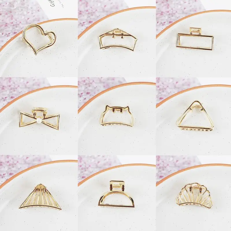

Womens Minimalist Mini Hair Claw Clips Metallic Gold Hollow Out Geometric Ponytail Holder Clamp Seashell Heart Bowknot Barrettes