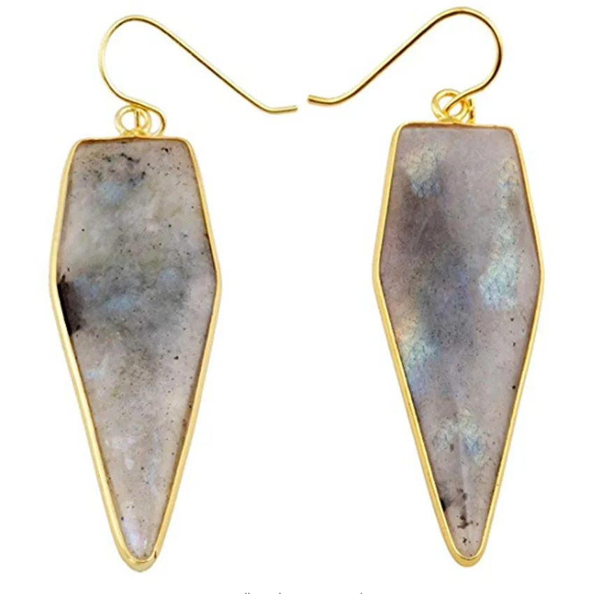 

FYJS Unique Light Yellow Gold Color Earrings Labradorite Stone Long Polygon Drop Earrings