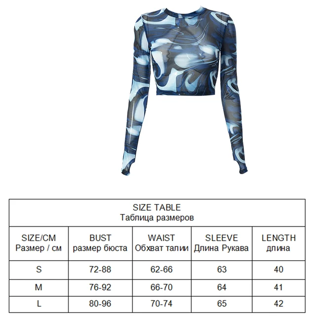 Y2K Mesh Top Women Streetwear Long Sleeve Graphic Tee See Through O Neck  Tops Slim Anime T-shirt Sexy Crop Top Women Clothing blue
