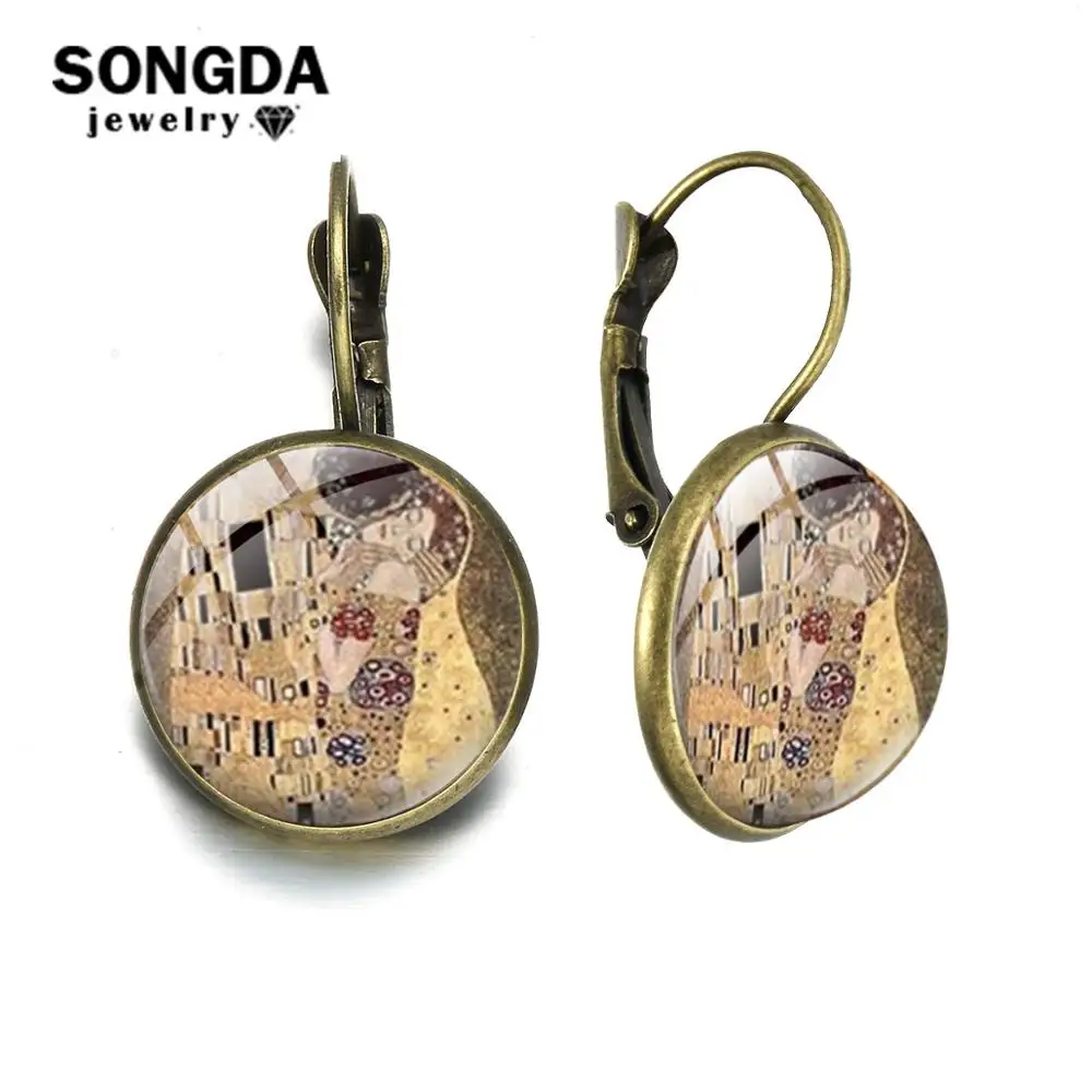 SONGDA Classic The Kiss Cameo Glass Art Picture Earrings Gustav Klimt Oil Painting Theme Hook Women Handcrafted Jewelry | Украшения и