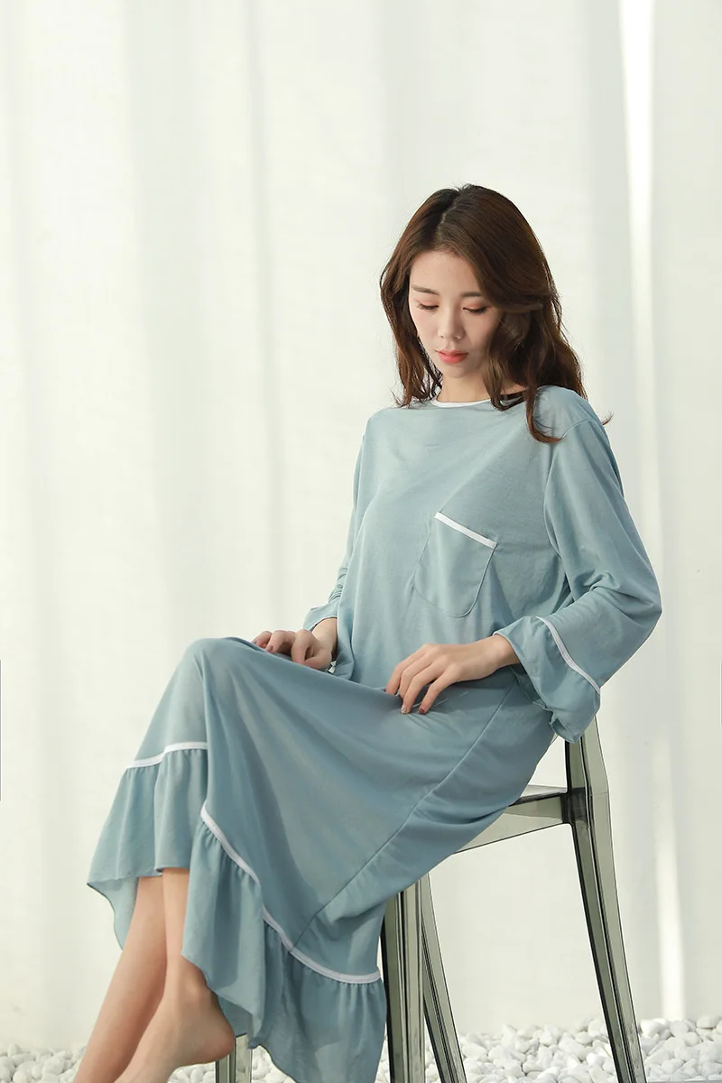 Autumn New Style Large Size Pajamas Dress Plus-sized Womenswear Size Long Sleeve Nightgown Loose-Fit Slimming Contrast Colo
