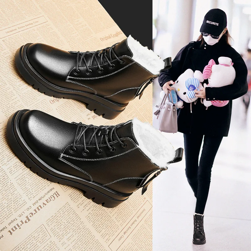Inner increase 2021 new snow boots women's fur one thick bottom and velvet warm Martin boots leather plush shoes