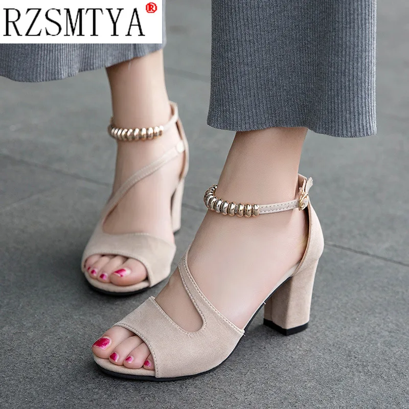 Fashion Women High Heel Sandals Sexy Open Toe Shoes Women Ankle Strap Sandals Metal Beading Thick Heels Footwear Size 42 women high heels platform high heels sandals ankle buckle sandals
