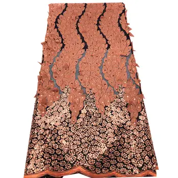 

High Quality Tulle Lace Burnt Orange African Lace Fabric With Sequins Latest French Wedding Lace Fabric For Dress 5yards mv165