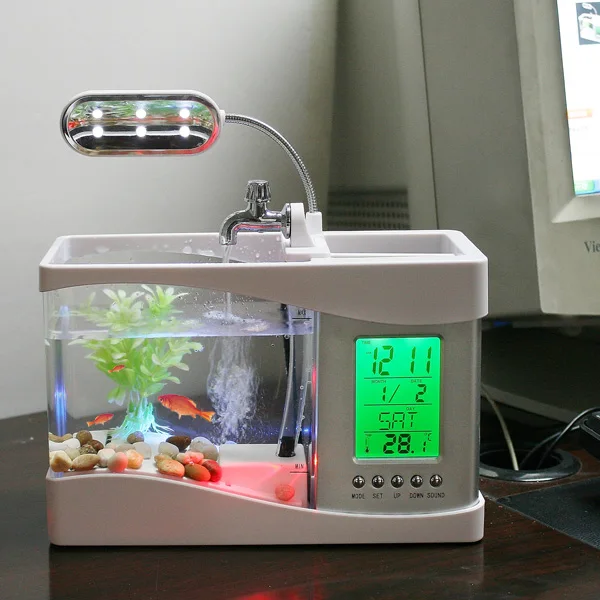 Популярные USB Настольные мини аквариумные стеклянные ЖК-часы с таймером светодиодный светильник черный/белый светодиодный аквариумный аквариум