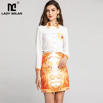 

Women Spring Summer Set Turn Down Collar Long Sleeves Beaded Sequined Shirt with Printed Skirt Two Piece Dress Suit Sets