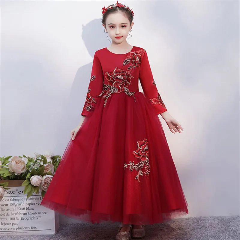 

Baby Kids Elegant Wine-red Color Embroidery Flowers New Year Festivals Ceremony Dress Girls Children Birthday Evening Mesh Dress