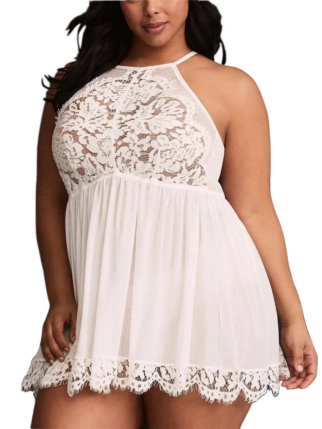 Plus Size Lingerie Babydoll Lace Floral Halter Sleepwear Set High Neck Chemise | Женская одежда