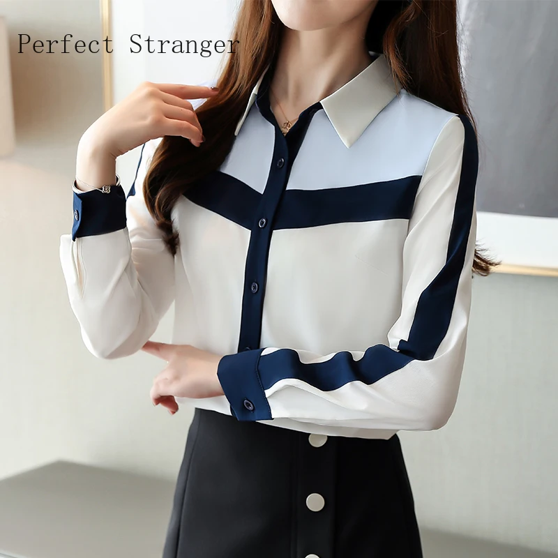 Autumn New Arrival Korean Hot Sale Turn-down Collar Color Block Long Sleeve Woman Chiffon Blouse