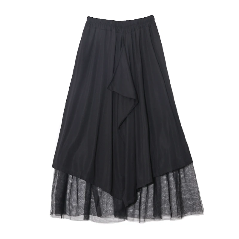 Gothic Black Mesh Patchwork Women Skirt Middle Calf A Line Skirts Female