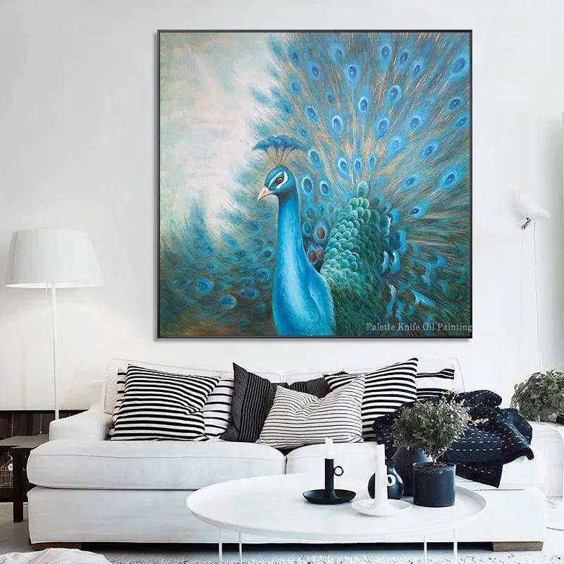Original peacock decoration painting hand painted canvas oil painting animal blue wall art Home office decor cuadros abstractos