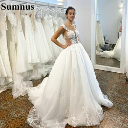 Sumnus French Tulle A Line Wedding Dresses Lace Appliques V Neck Bride Gowns 2022 Vestido De Novia Illusion Wedding Gowns