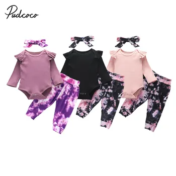 

3 Pcs Baby Autumn Wear Round-Neck Ruffle Long-Sleeves Rompers Top + Tie-Dye Pants + Hairband Outfit for Toddler Girl 0-2 Years