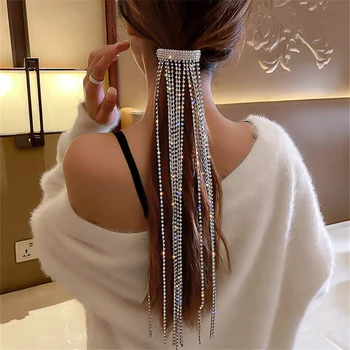 Full Rhinestone Hairpins for Women Bijoux Long Tassel Crystal Hair Accessories Wedding Banquet Jewelry 2