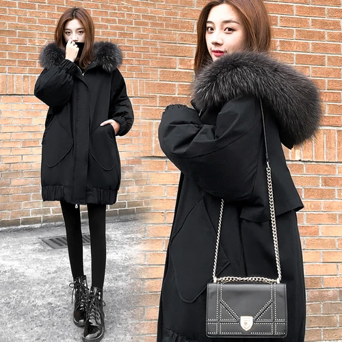 Зимнее пальто и куртка для женщин, длинное пальто с меховым воротником, парка с капюшоном, черная теплая корейская мода размера плюс, женский пуховик на утином пуху - Цвет: Черный