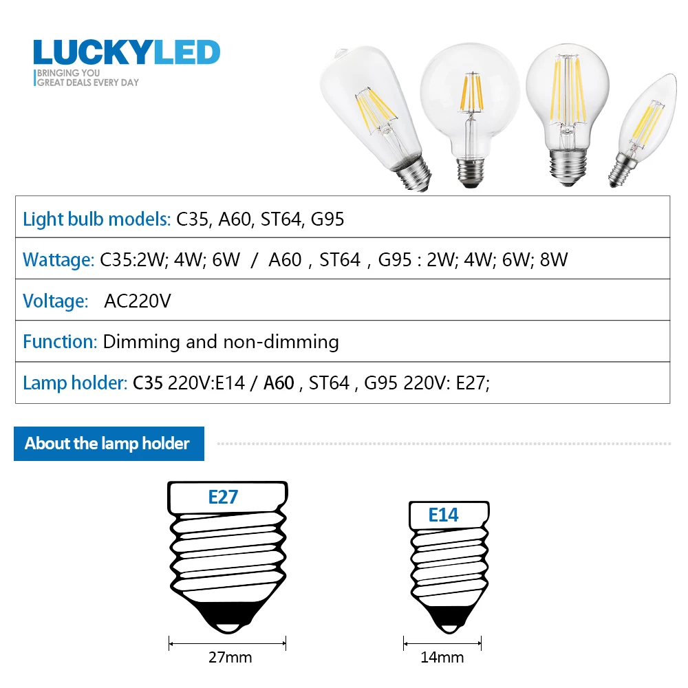 LUCKY светодиодный Светодиодный светильник E27 220 в 240 В 2 Вт 4 Вт 6 Вт 8 Вт C35 E14 Светодиодный светильник в форме свечи с регулируемой яркостью Ретро светодиодный светильник с нитью накаливания винтажные лампочки Эдисона