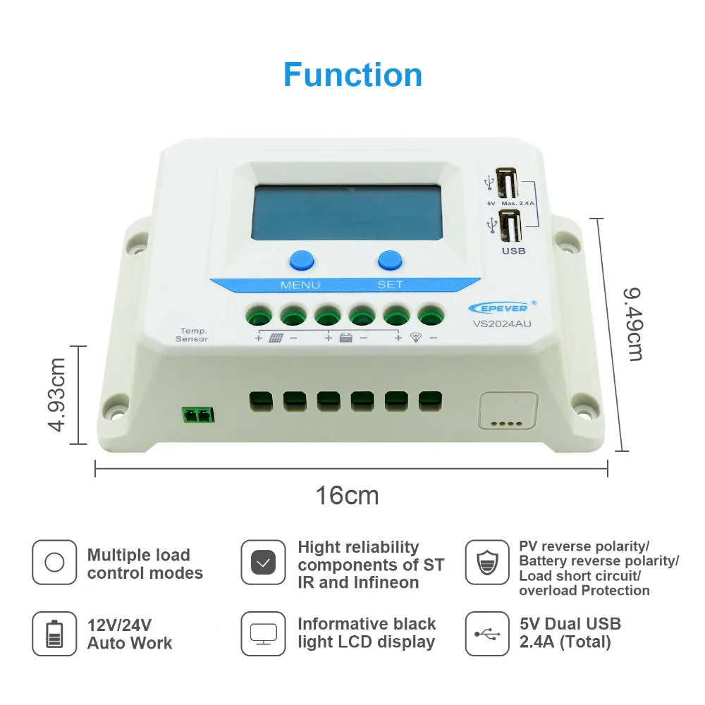 EPever VS2024AU 20A 12V 24V автоматическая работа, двойные USB порты зарядки с интеллектуальной функцией ШИМ контроллеры умного дома