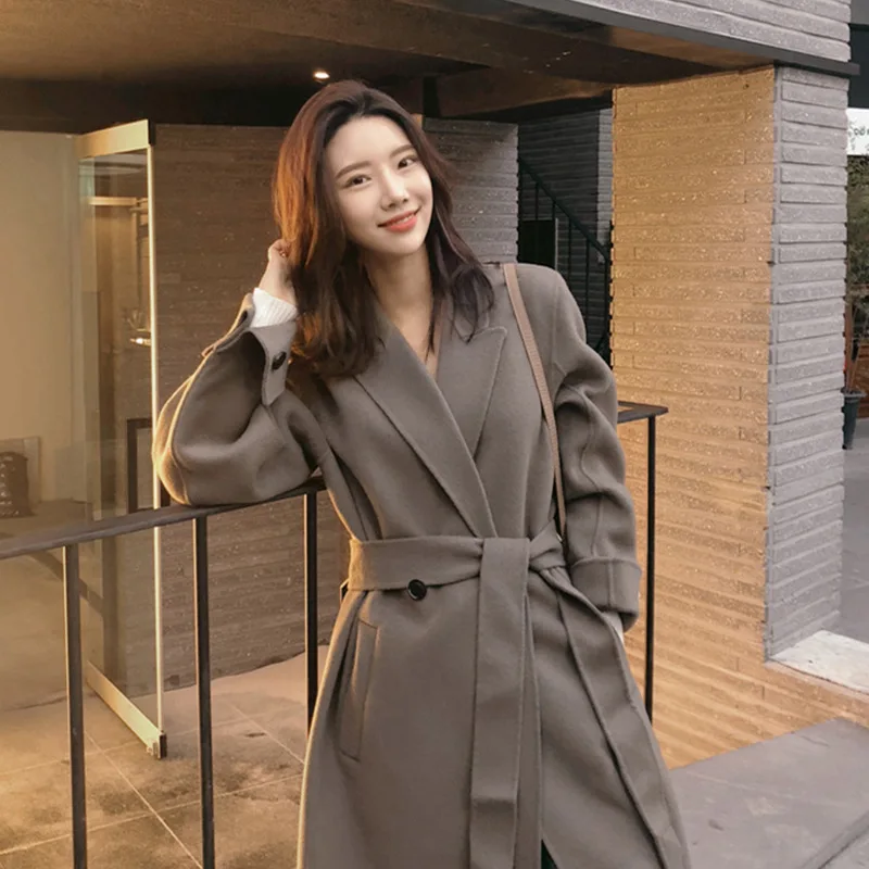 Winter New Korean Women Pure Wool Coat X-Long Handmade Double-Sided Wool Coat with Belt for Women 3 Colors