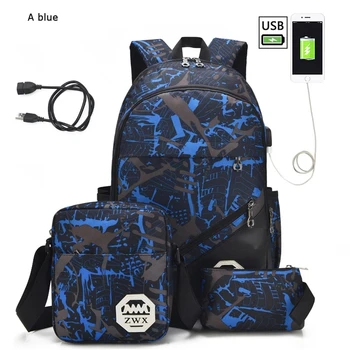 3 pz/set USB maschio zaino high school borse per le donne di viaggio degli uomini zaini scuola ragazzi uno studente borsa a tracolla sac mochila 1