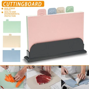 

4Pcs/set Wheats Straw Cutting Board Non-slip Vegetable/Fruit/Meats/Bread Chopping Boards with Storage Base CLH@8