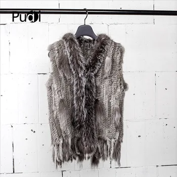 

Pudi New winter women vest Real Classical Knitted Rabbit Fur Vest Gilet with Raccoon Fur Collar women with tassels VR032