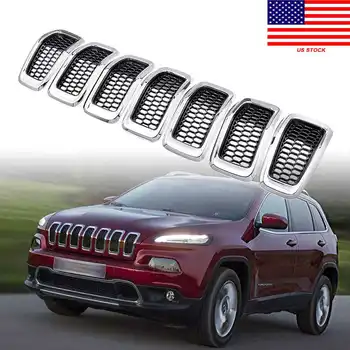 

7Pcs Gloss Black Front Central Bumper Cover Racing Grille Grills Trim Accessories Replaced Chrome For Jeeps Cherokee 2014-2018