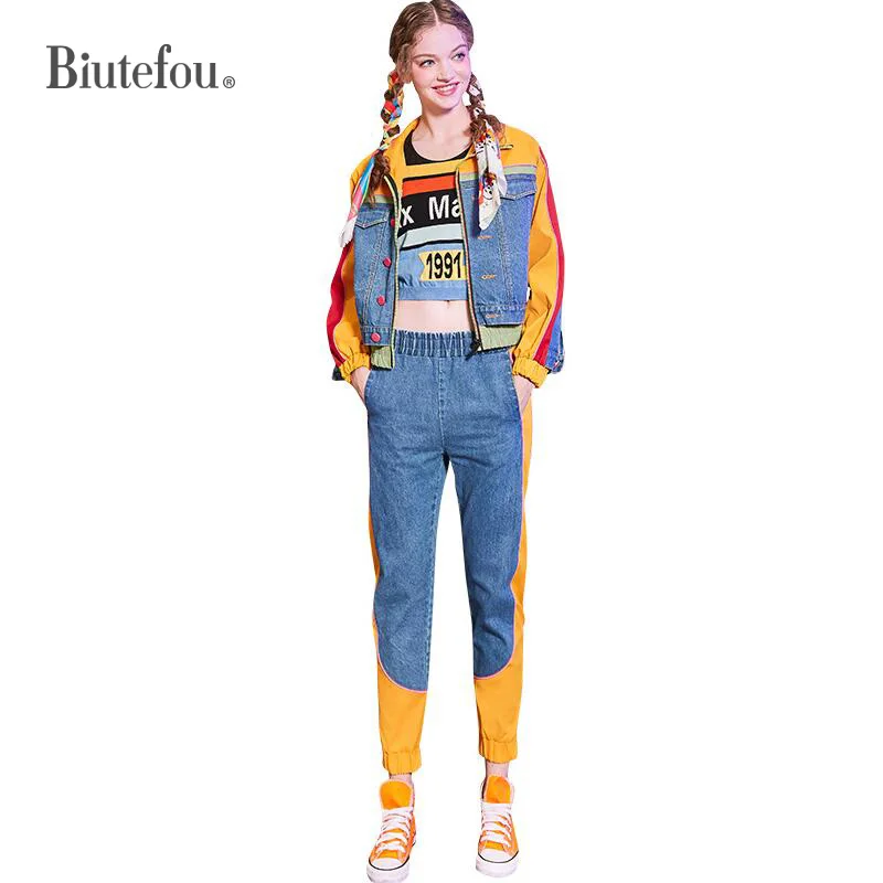 

2020 Spring and Autumn women's suits fashion jacket+denim pants two pieces