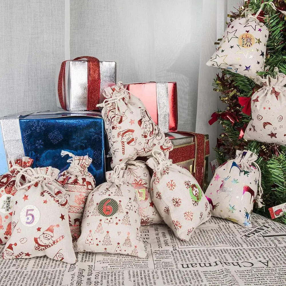 Рождественские подарки с адвентом календарем, сумки для рождественского декора, 24 дня, упаковка для ювелирных изделий, пакеты с календарем, гирлянда, сделай сам, сумка, держатель для конфет