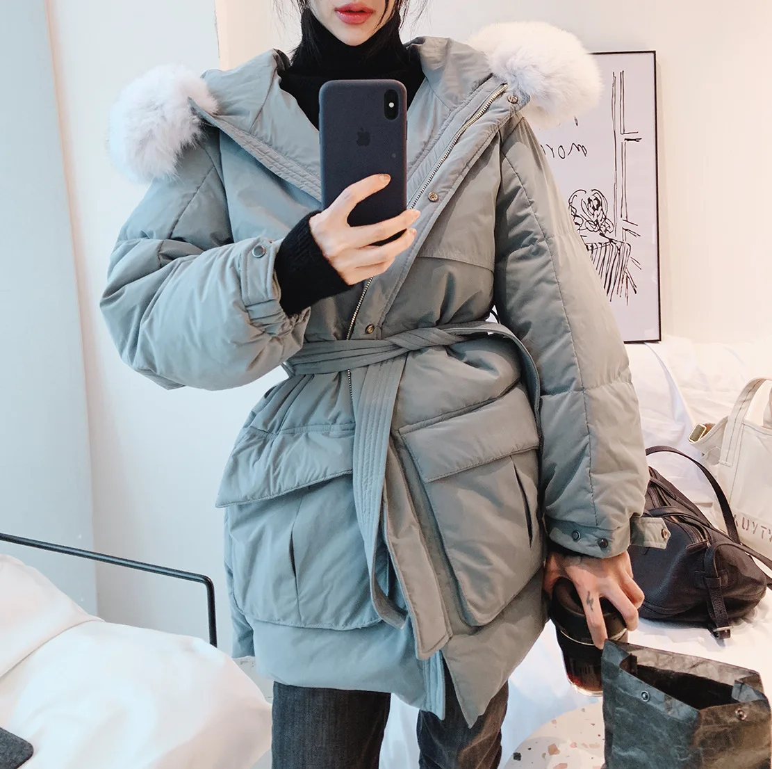 Новинка 19new, специальное предложение, Южная Корея, дундэмун, большой меховой воротник, белый утиный пух, куртка для женщин, простая Талия, тонкое, плотное пальто