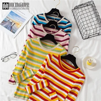 

Duckwaver Rainbow Knitted Women Sweaters And Long Sleeve Casual O-Neck Pullovers Sueter Mujer Tops Striped Turtleneck Jumper