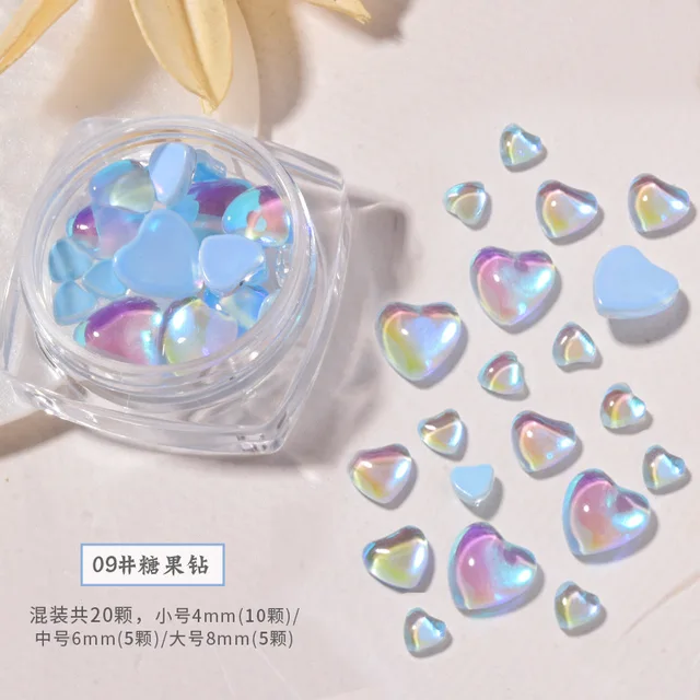FlorVida 20pcs Sweet Heart Mermaid Rhinestone Beads Holographic Crystal Gems Stones For Nail Art Decorations Mix Size Box Kawaii 20pcs Heart 09