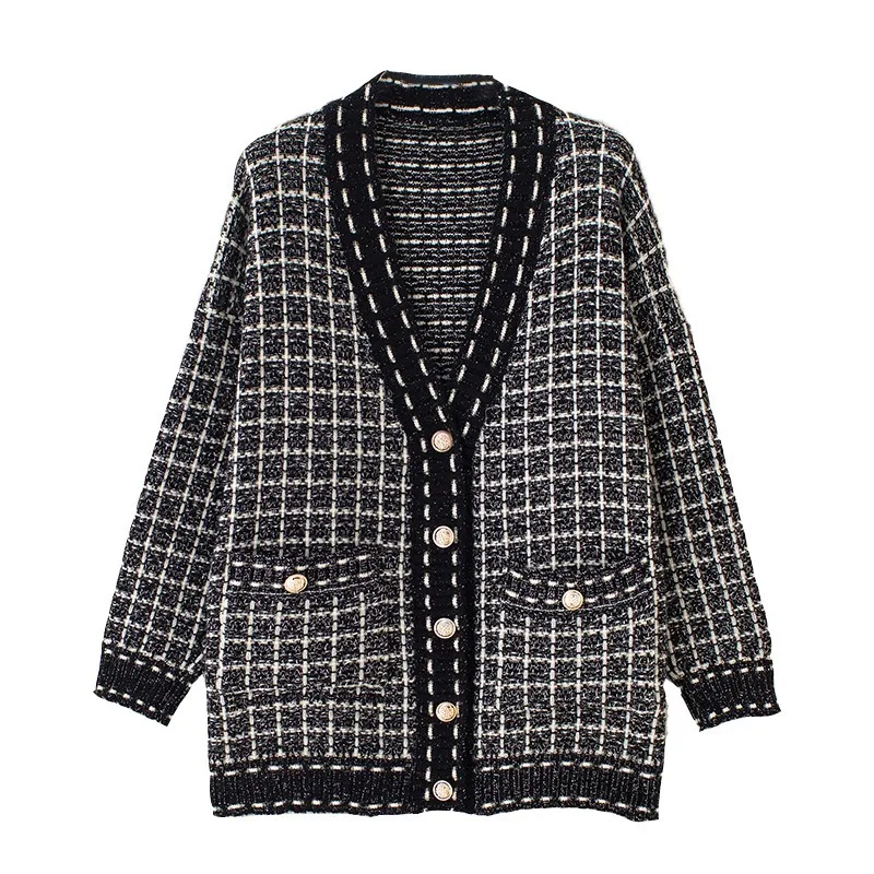 

Women Clothing Classic Black and White Plaid Best-selling High-quality Cardigan Women Outdoor Casual Loose Feminine Sweaters