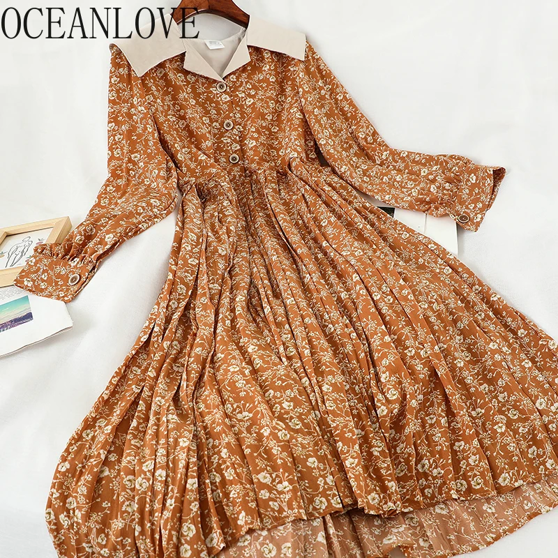 OCEANLOVE Spring Floral Women Dress High Waist Fashion 2020 Korean Chic New Long Dresses Vintage A-line Elegant Vestidos 15574 | Женская