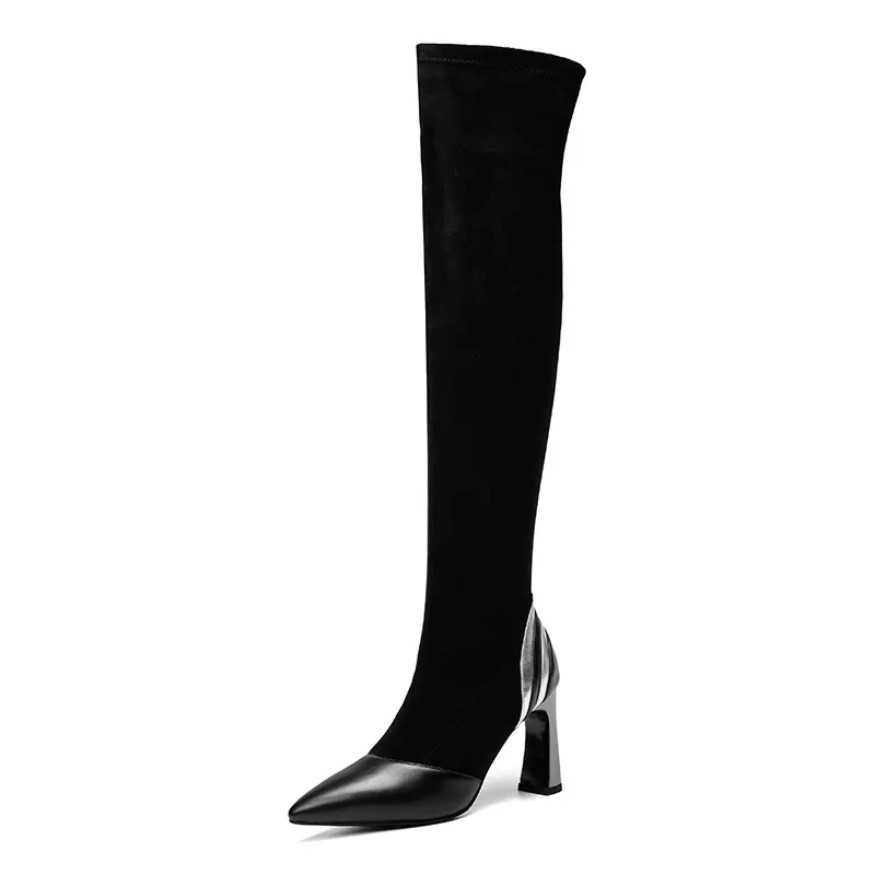long boots not fur MoonMeek/модные ботинки Осень-зима женские ботильоны с острым носком эластичные ботинки из коровьей кожи женская обувь смешанных цветов - Цвет: long boots not fur