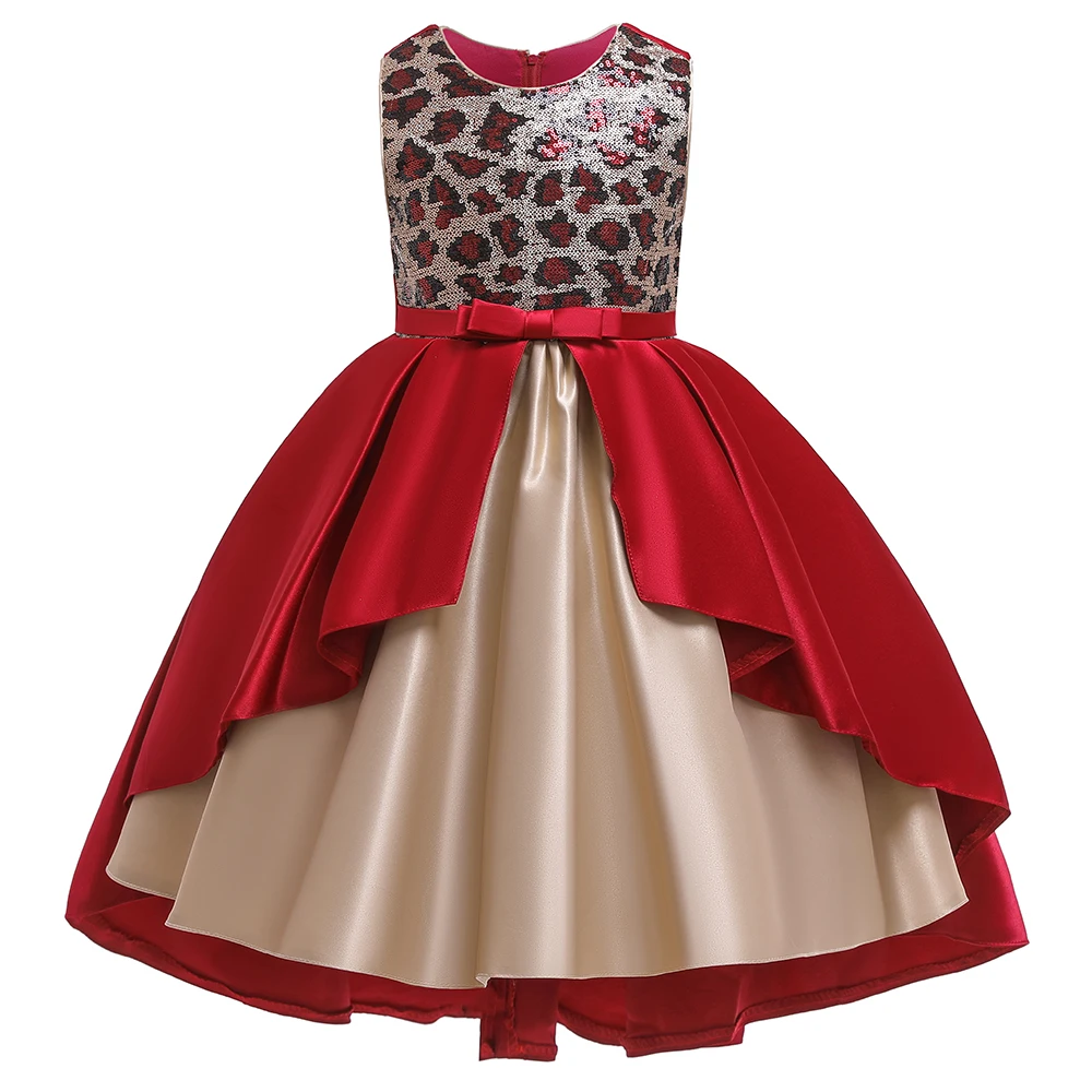 Леопардовой расцветки с блестками из сатина Платье с бантом для девочек Элегантное платье для девочек на день рождения, вечернее платье на свадьбу платье-пачка платье принцессы для девочек одежда