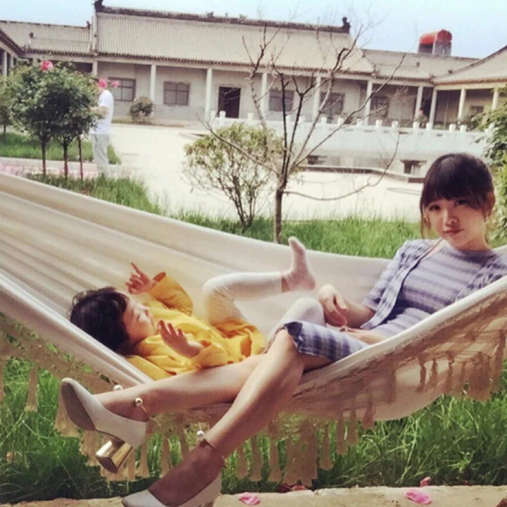 Outdoor Garden Hammock Tassel Canvas Swing Chair Hanging Bed Hiking Camping Hunting Foldable Hammock Photo Props 3