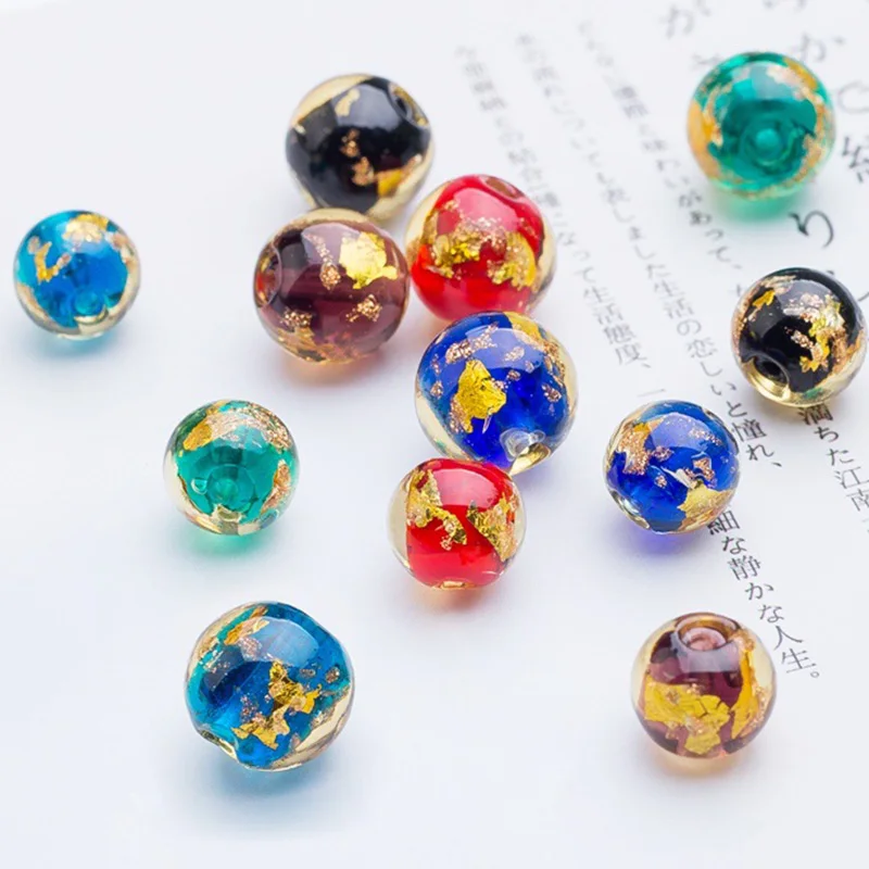 Round 10mm 12mm Gold Foil Pattern Handmade Lampwork Glass Loose Beads for Jewelry Making DIY Crafts Findings