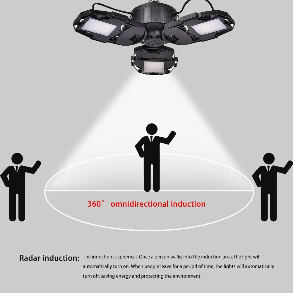 

60W Radar Induction LED Deformation Folding Light E27 Three-leaf Folding Garage Mining Lamp 85-265V 6000 Lumens