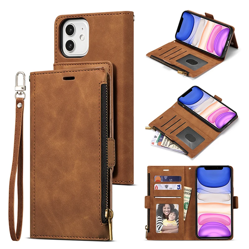 New 9 Cards Zipper Flip Leather Case For iPhone 13 12 Pro Max 11 Pro SE 2020 10 X 6 6s 7 8 Plus XR XS Max Wallet Book Phone Case phone carrying case