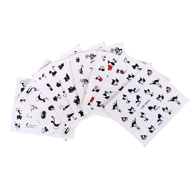 5 Designs Cute Cat Pattern Stickers On Nails Black Cat Water Tattoo Slider Nail Art Decoration Full Wrap Tips